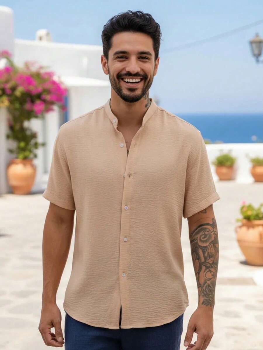 Camisa Masculina Manga Curta Gola Padre Confortável Tendencia Verão