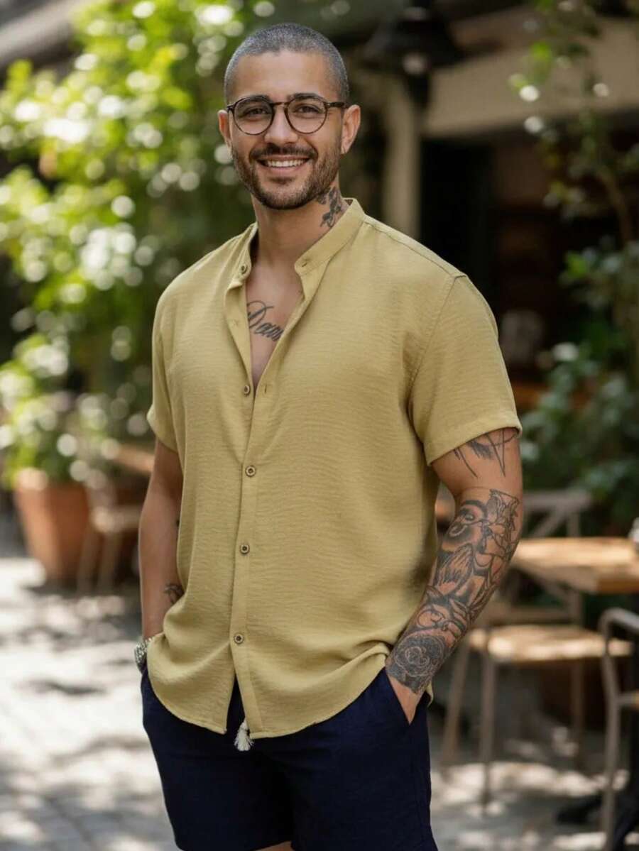 Camisa Masculina Manga Curta Gola Padre Confortável Tendencia Verão