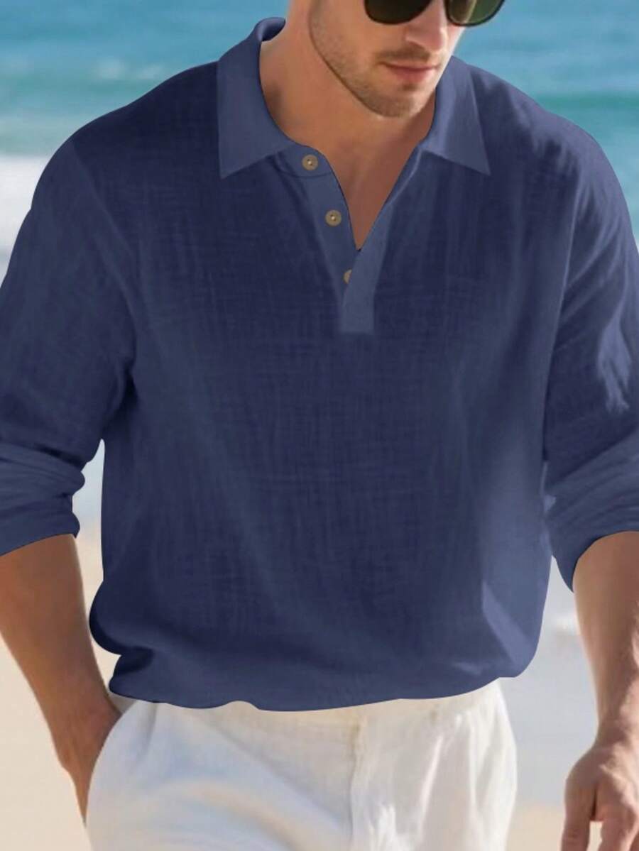 Camisa Masculina Polo de Linho Branco Manga Longa Jupters