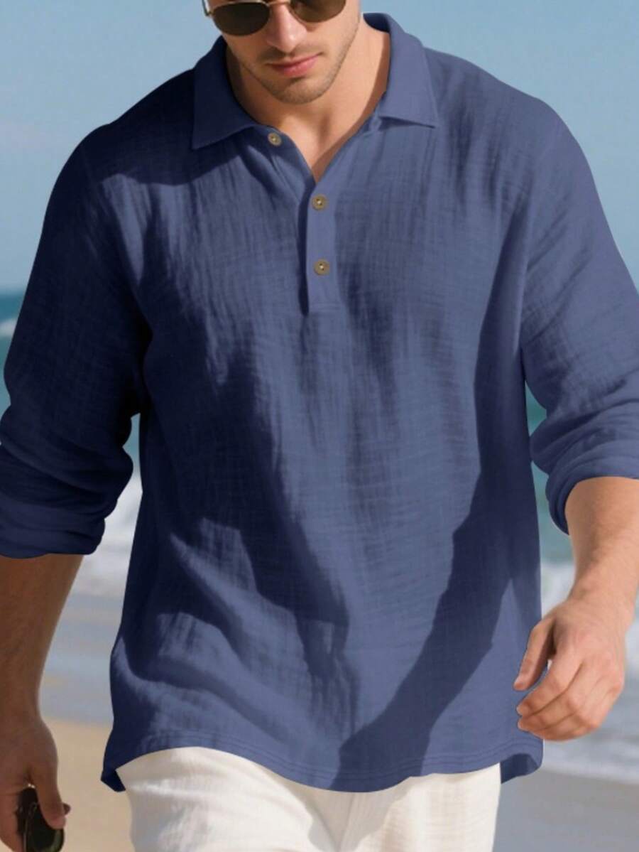 Camisa Masculina Polo de Linho Branco Manga Longa Jupters