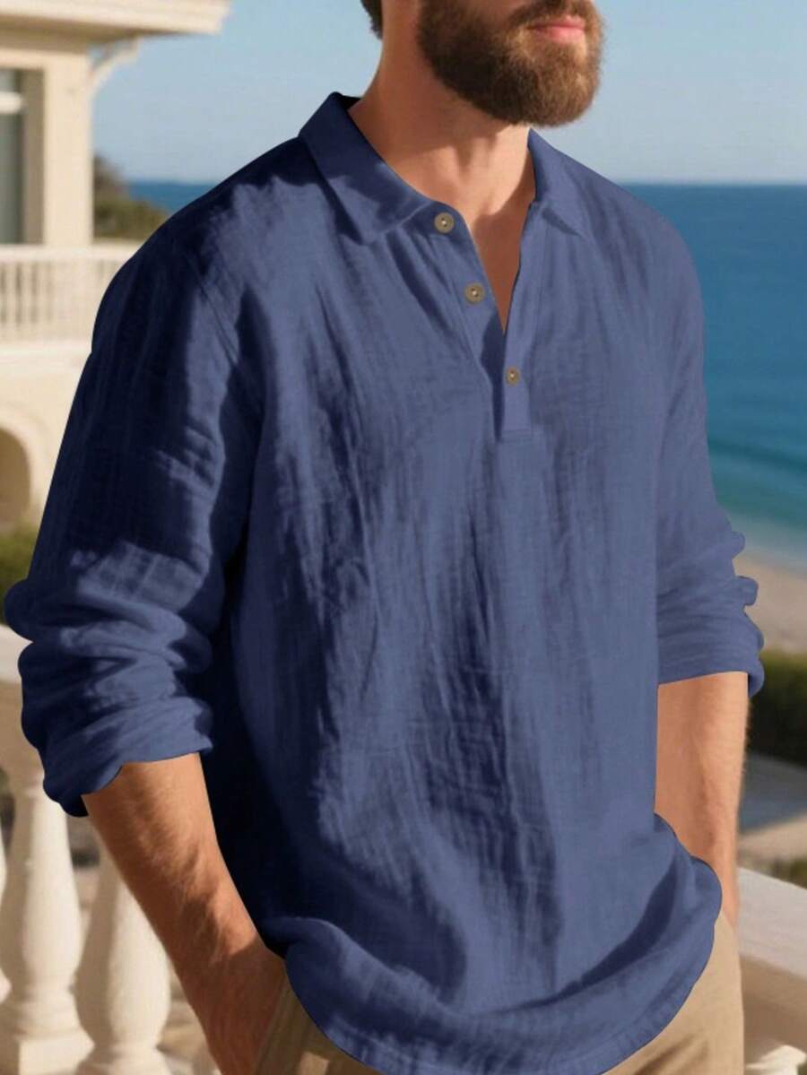 Camisa Masculina Polo de Linho Branco Manga Longa Jupters