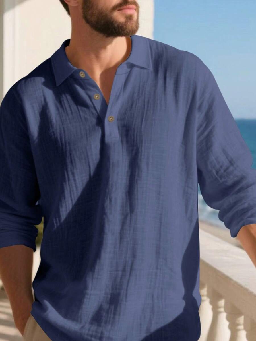 Camisa Masculina Polo de Linho Branco Manga Longa Jupters