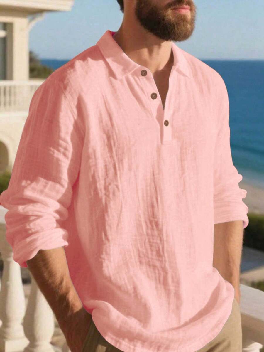 Camisa Masculina Polo de Linho Branco Manga Longa Jupters