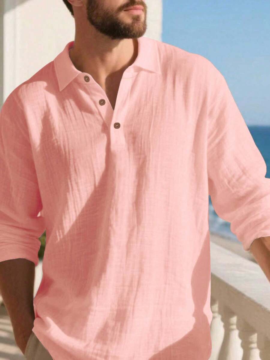 Camisa Masculina Polo de Linho Branco Manga Longa Jupters