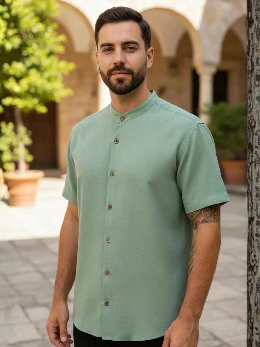 Camisa Masculina Manga Curta Gola Padre Confortável Tendencia Verão