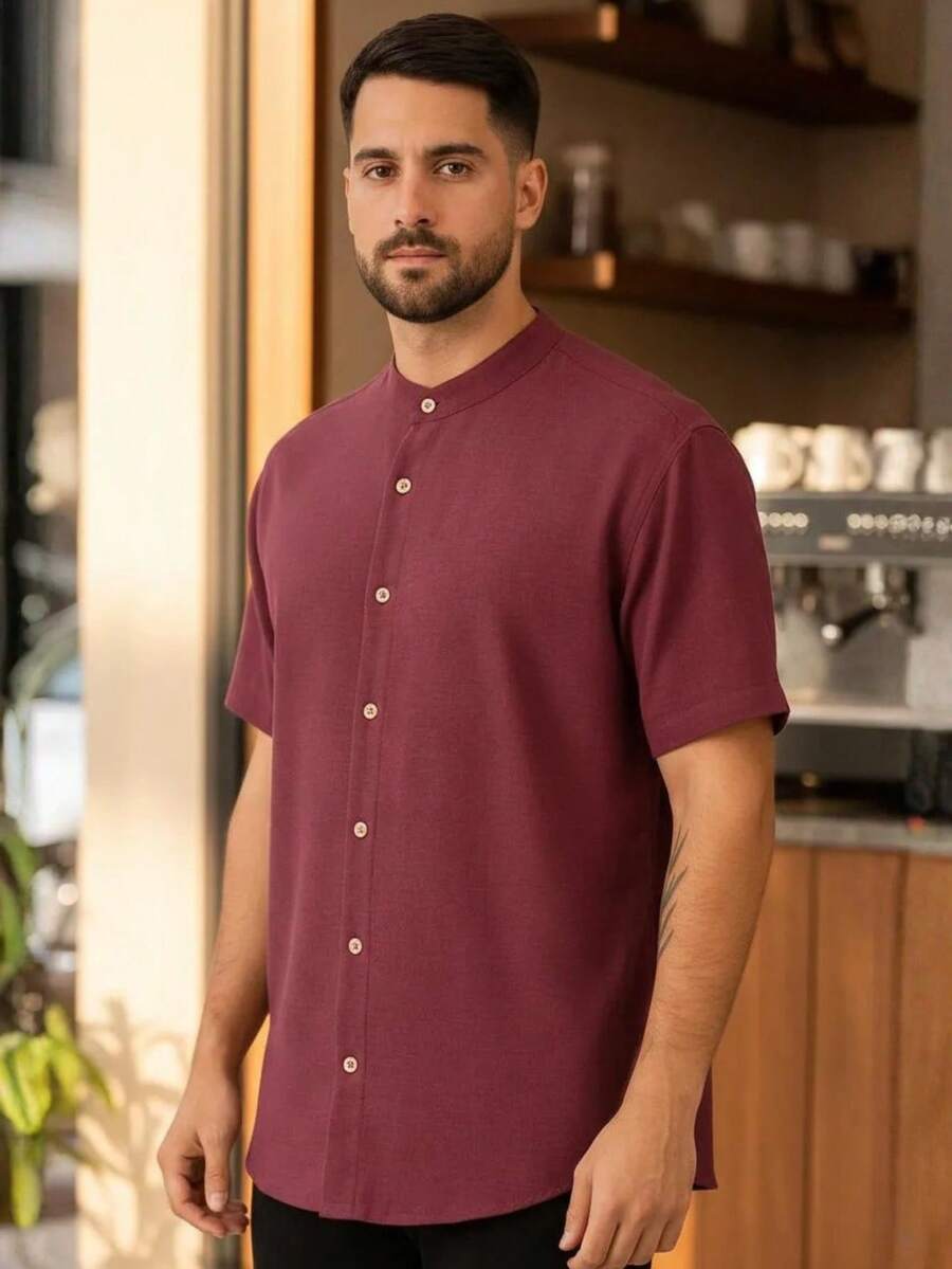 Camisa Masculina Manga Curta Gola Padre Confortável Tendencia Verão