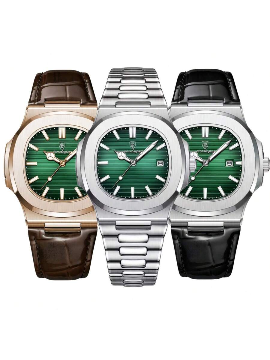 3 Relógios Masculino Poedagar Square Emerald Chrono