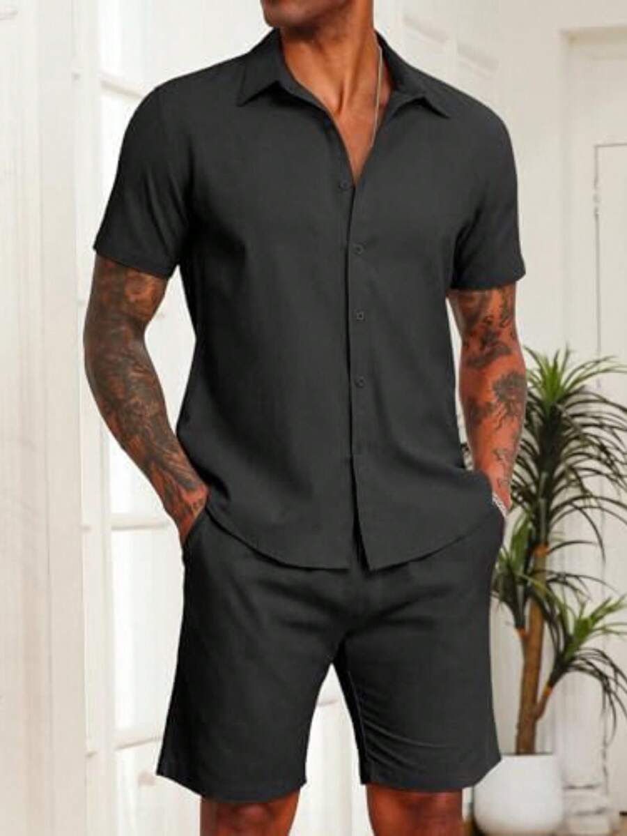 Conjunto Masculino de 2 peças de linho de algodão e manga curta com botões