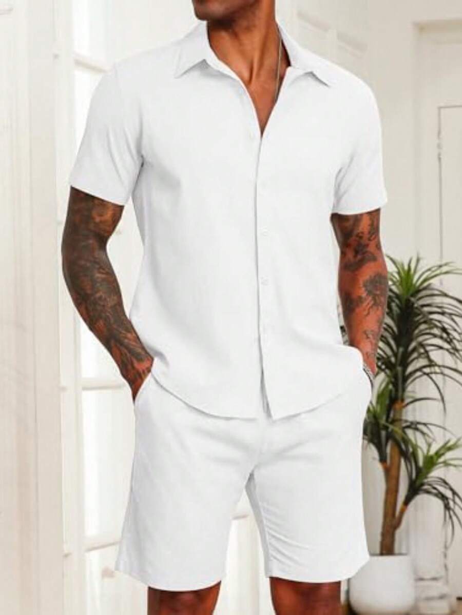 Conjunto Masculino de 2 peças de linho de algodão e manga curta com botões