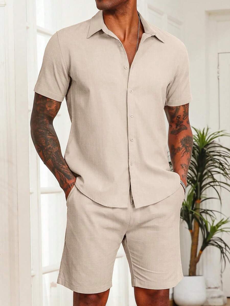 Conjunto Masculino de 2 peças de linho de algodão e manga curta com botões