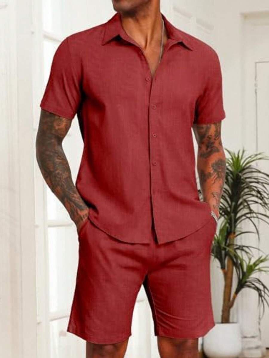Conjunto Masculino de 2 peças de linho de algodão e manga curta com botões