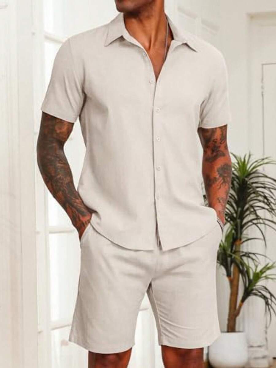 Conjunto Masculino de 2 peças de linho de algodão e manga curta com botões