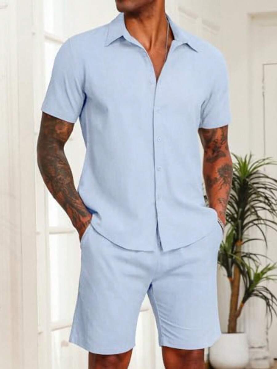 Conjunto Masculino de 2 peças de linho de algodão e manga curta com botões