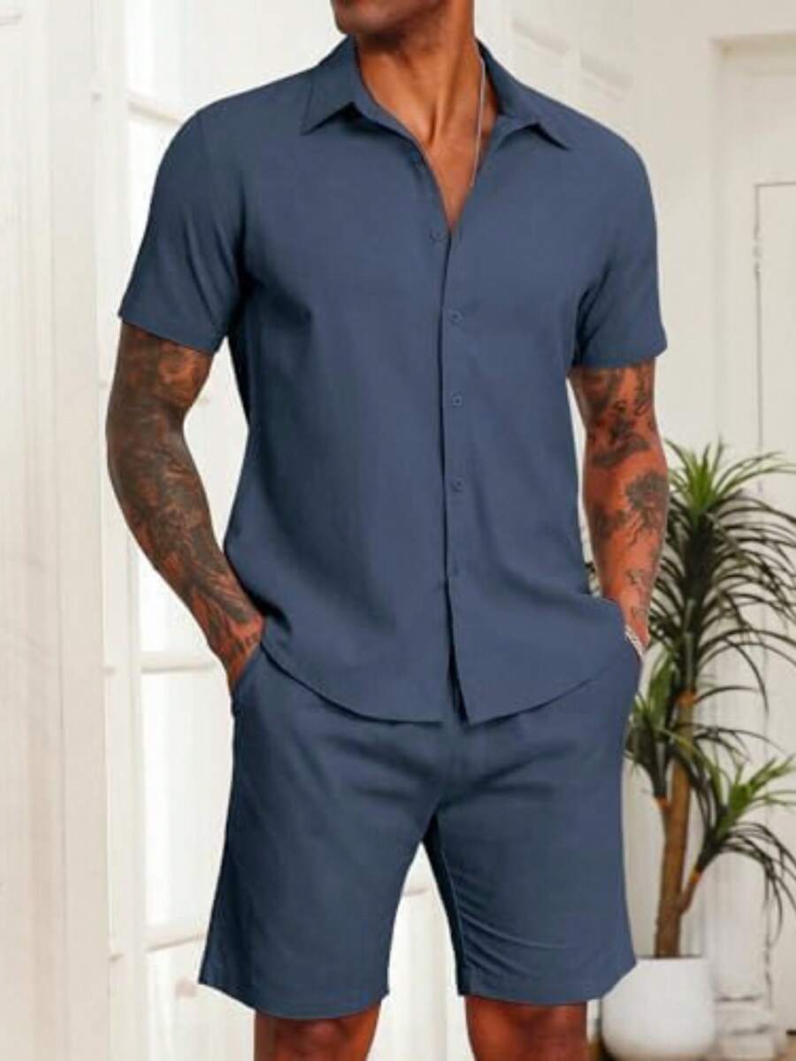 Conjunto Masculino de 2 peças de linho de algodão e manga curta com botões