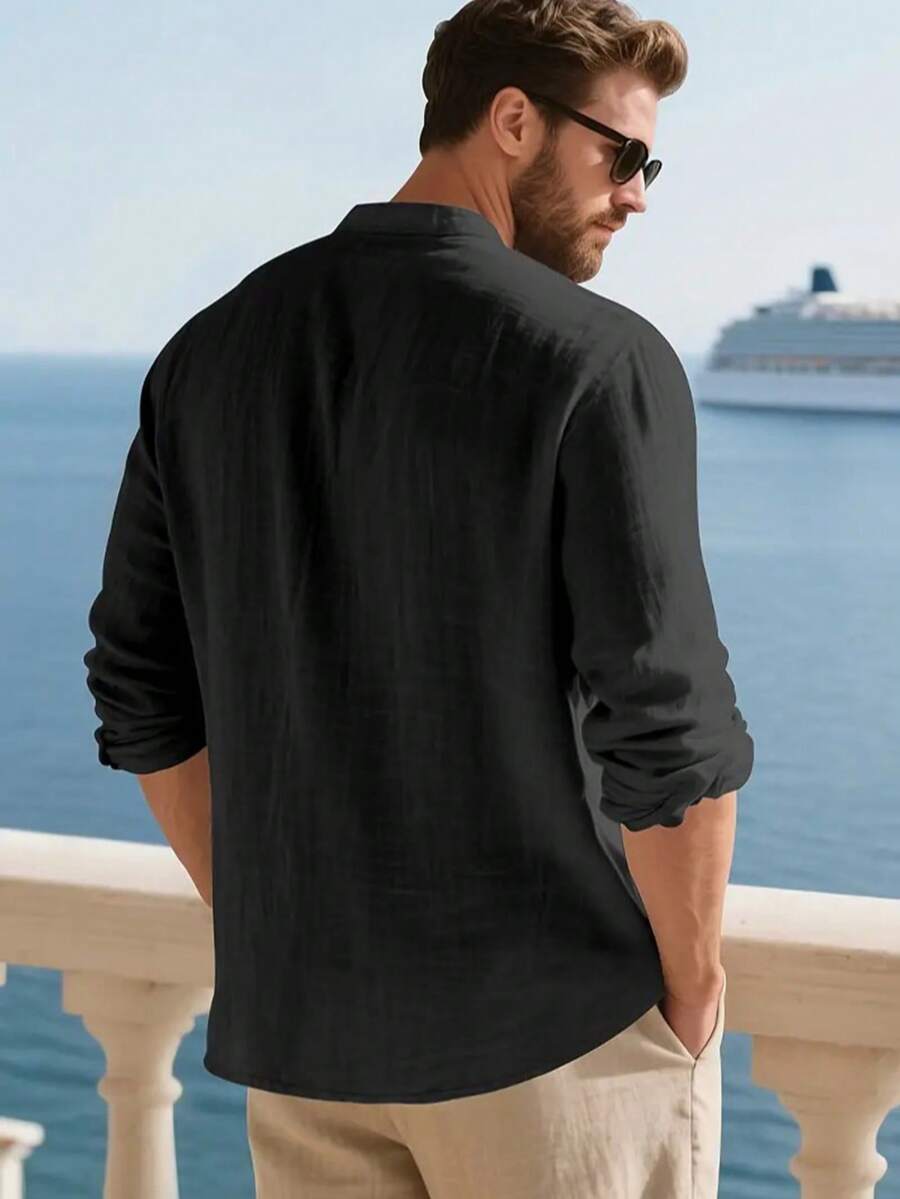 Camisa Masculina Social de Linho Respirável com Botões