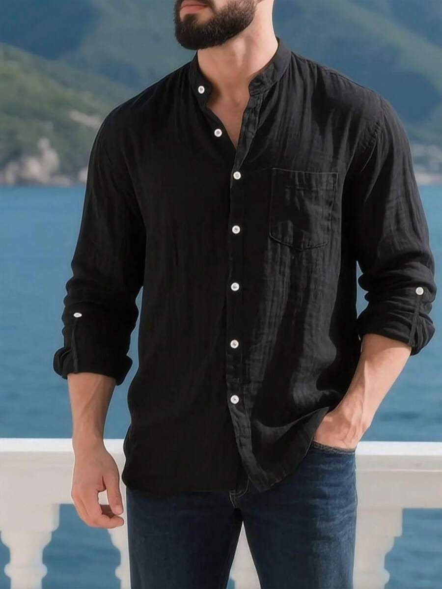 Camisa Masculina Social de Linho Respirável com Botões