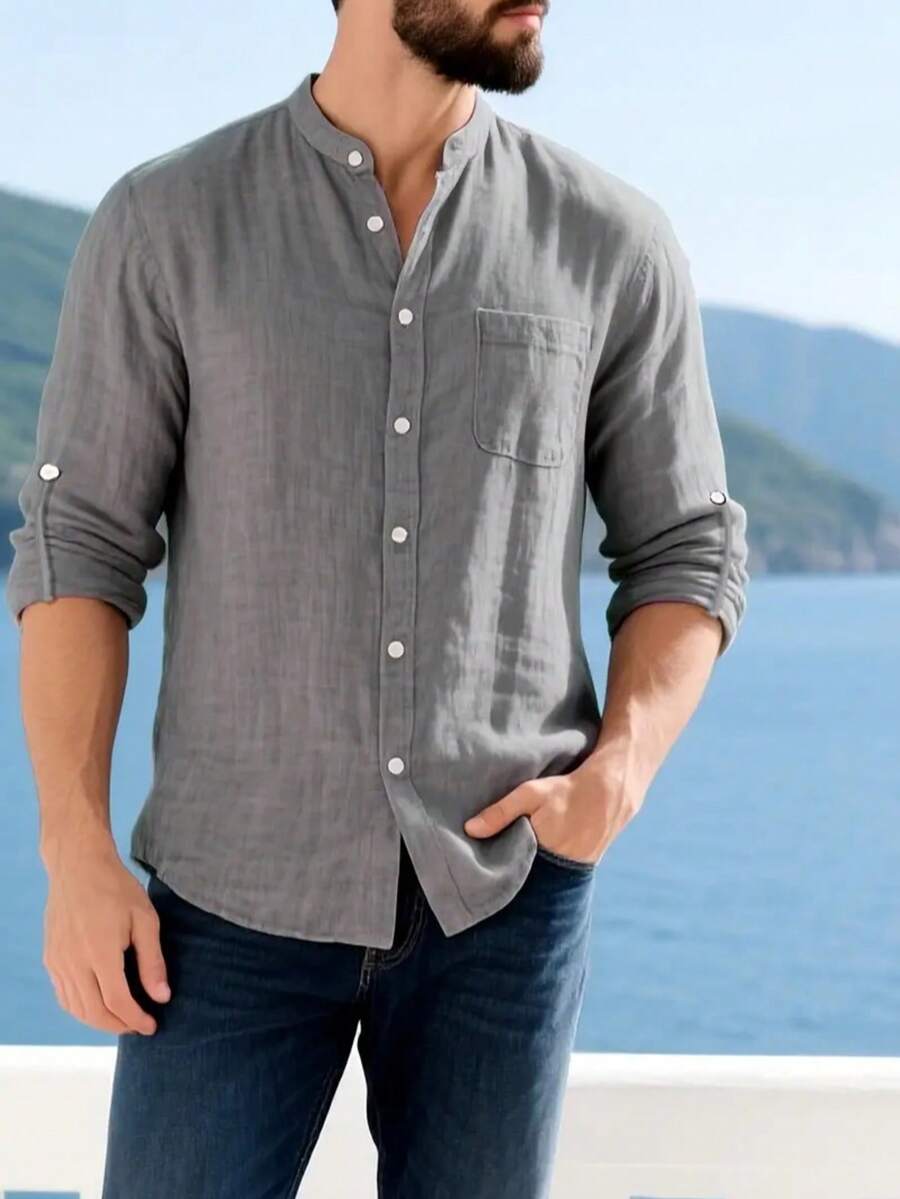 Camisa Masculina Social de Linho Respirável com Botões