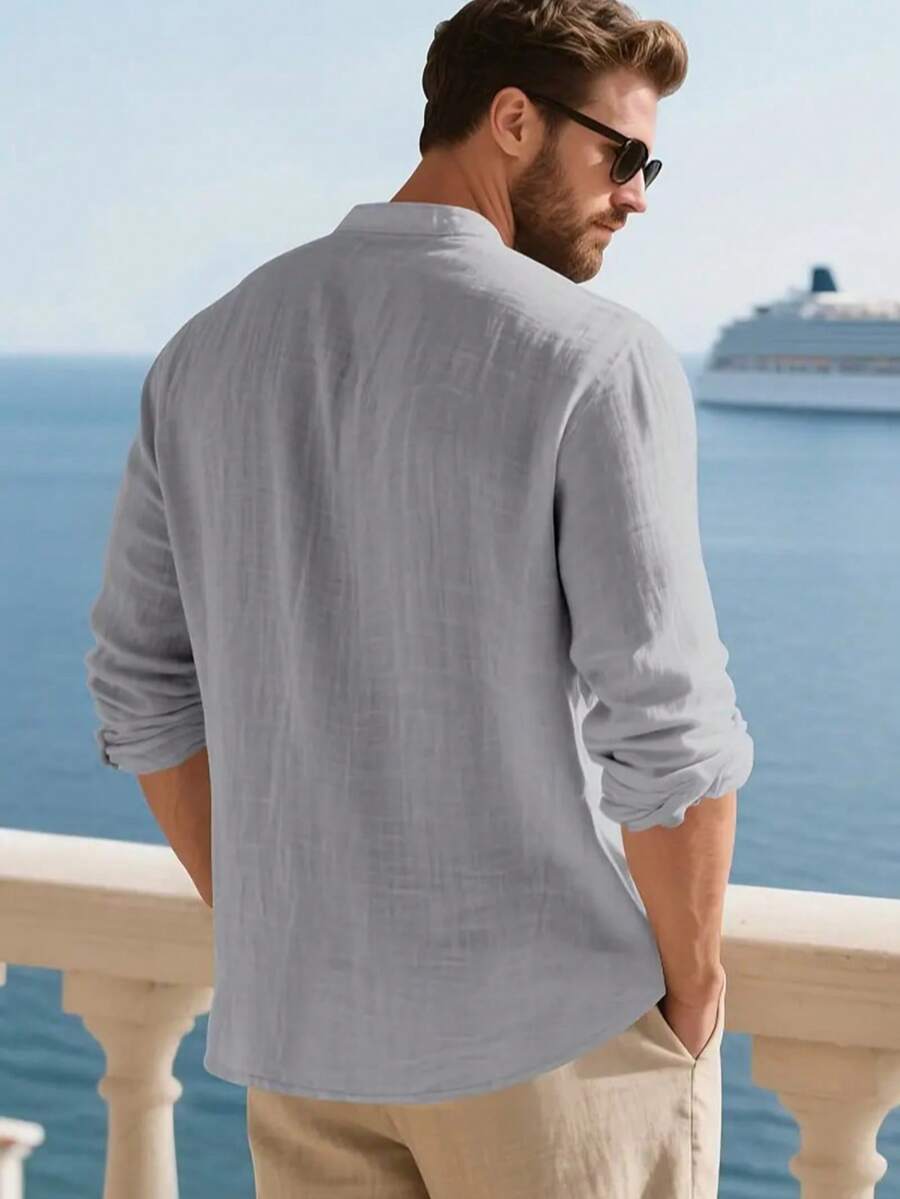 Camisa Masculina Social de Linho Respirável com Botões