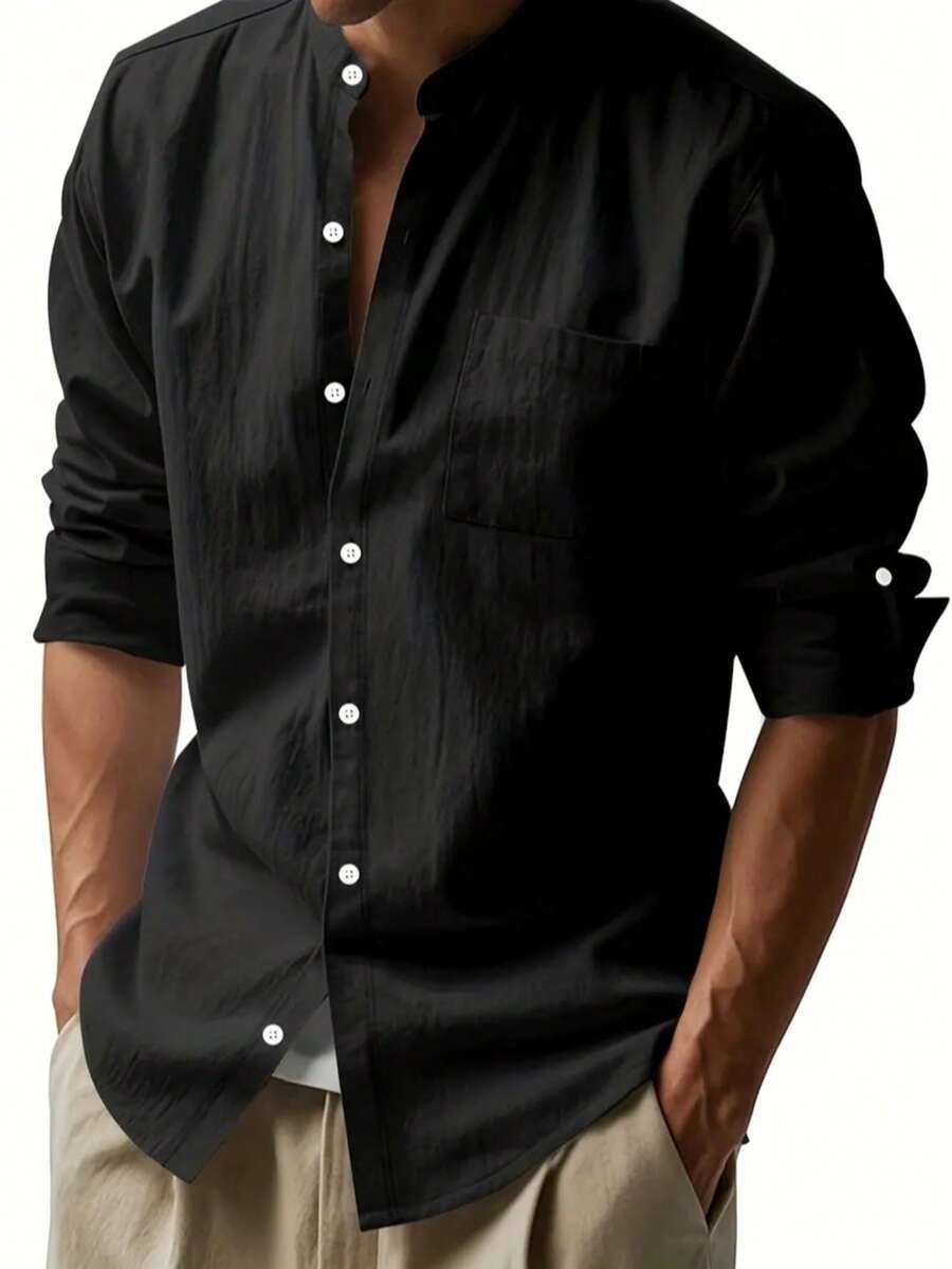 Camisa Masculina Social de Linho Respirável com Botões