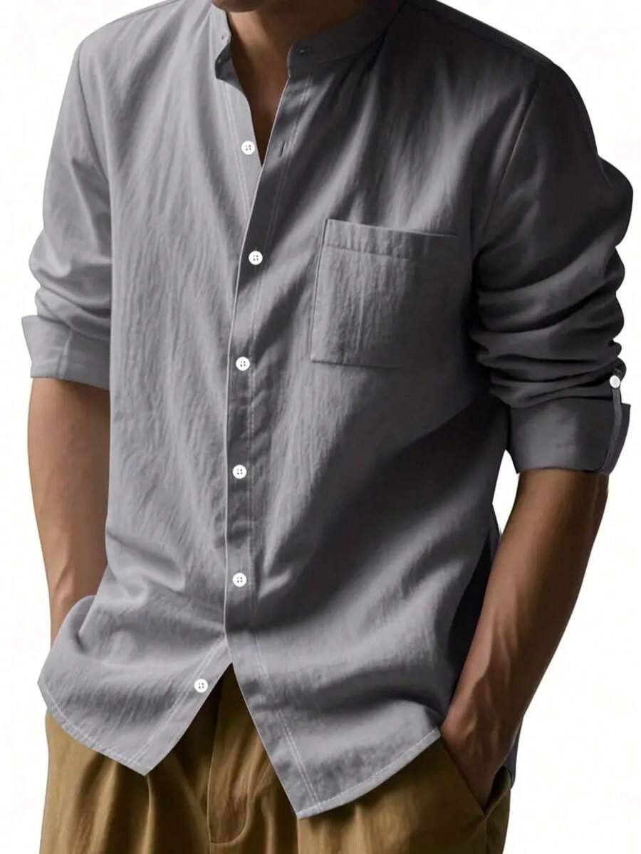 Camisa Masculina Social de Linho Respirável com Botões