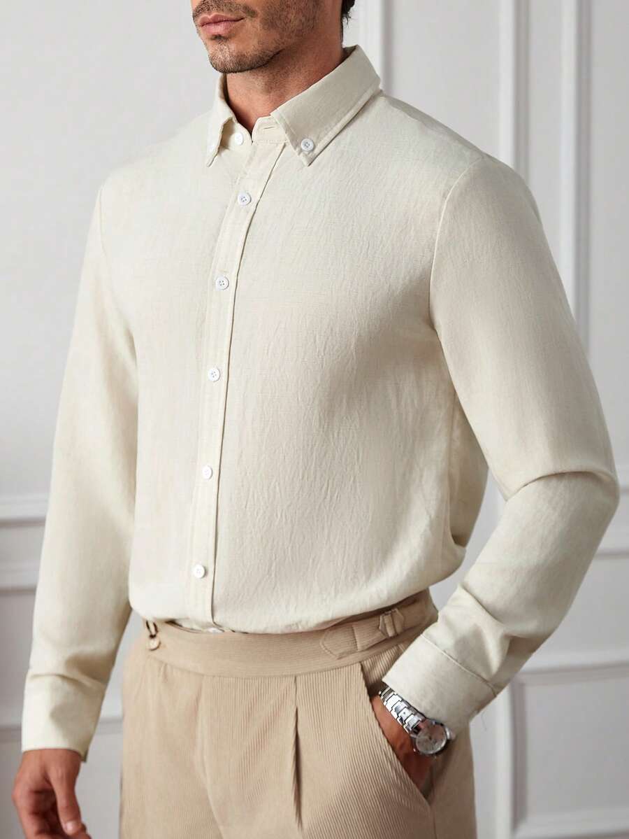 Camisa Masculina Casual de Linho de Manga Longa com Abotoamento Clock