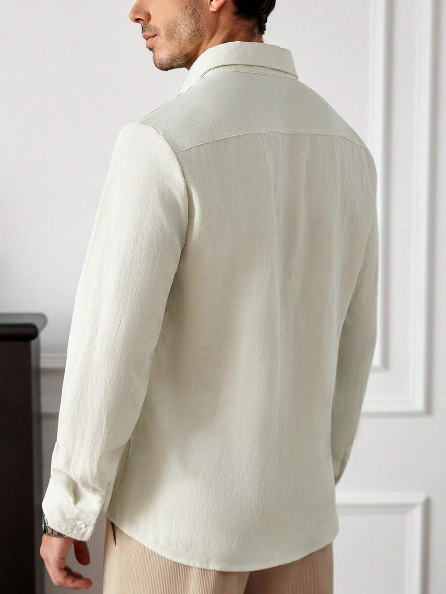 Camisa Masculina Casual de Linho de Manga Longa com Abotoamento Clock