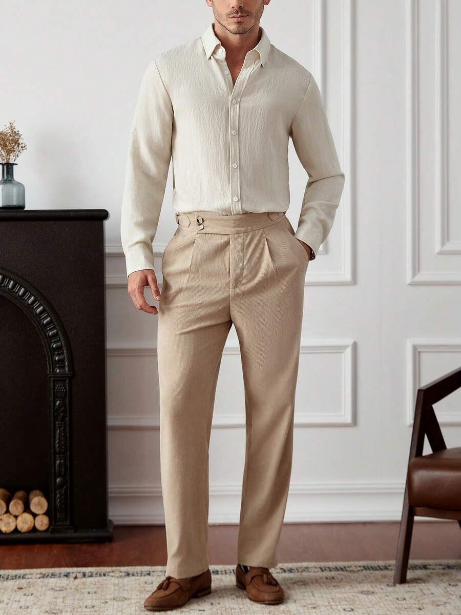 Camisa Masculina Casual de Linho de Manga Longa com Abotoamento Clock