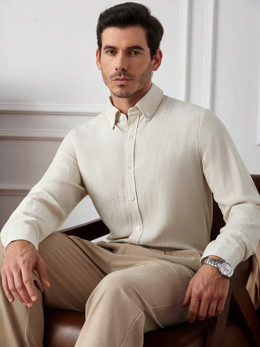 Camisa Masculina Casual de Linho de Manga Longa com Abotoamento Clock