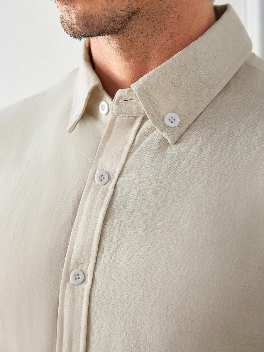 Camisa Masculina Casual de Linho de Manga Longa com Abotoamento Clock