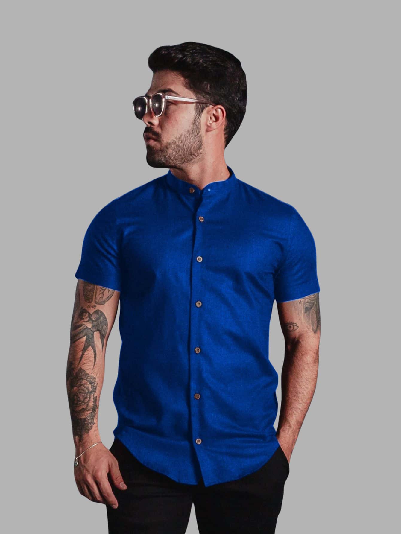 Camisa Masculina Manga Curta Gola Padre Aspecto de Linho