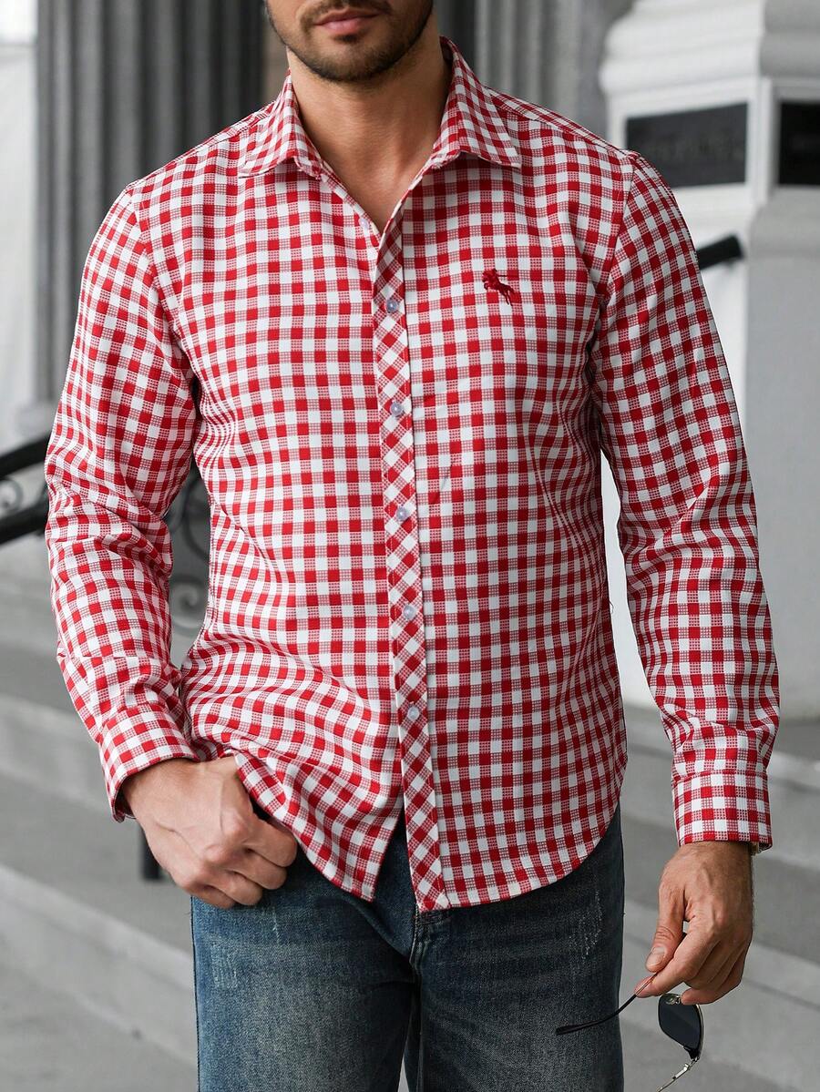 Camisa Masculina Manga Longa Confortável Ícone Pequeno Xadrez