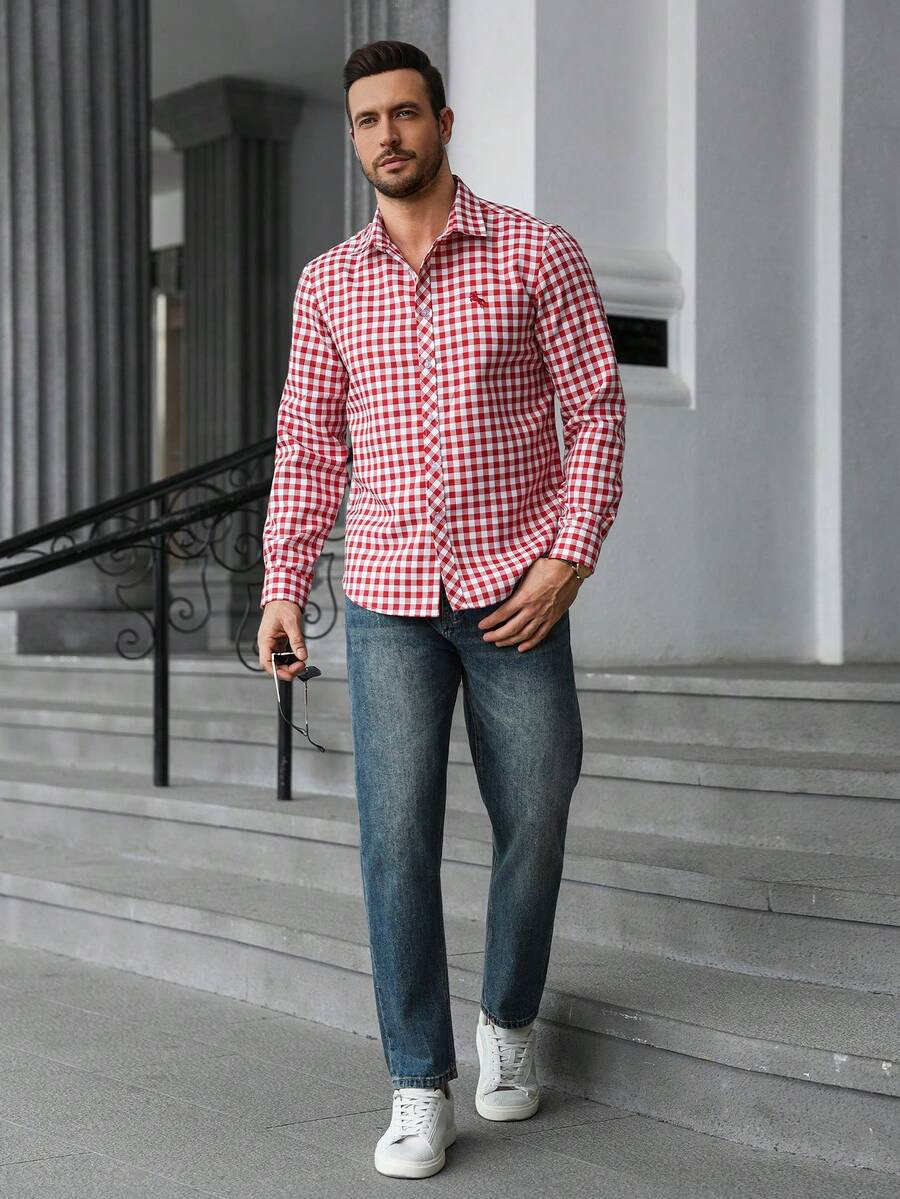 Camisa Masculina Manga Longa Confortável Ícone Pequeno Xadrez