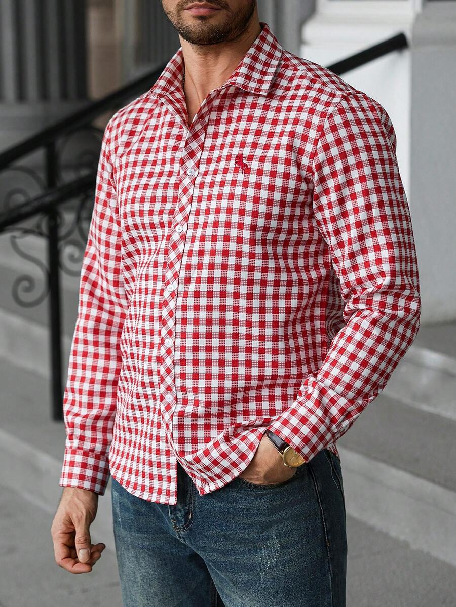 Camisa Masculina Manga Longa Confortável Ícone Pequeno Xadrez