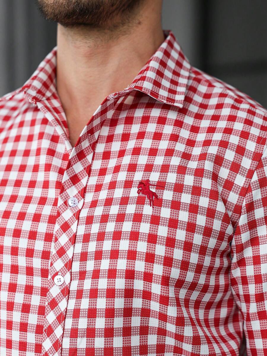 Camisa Masculina Manga Longa Confortável Ícone Pequeno Xadrez