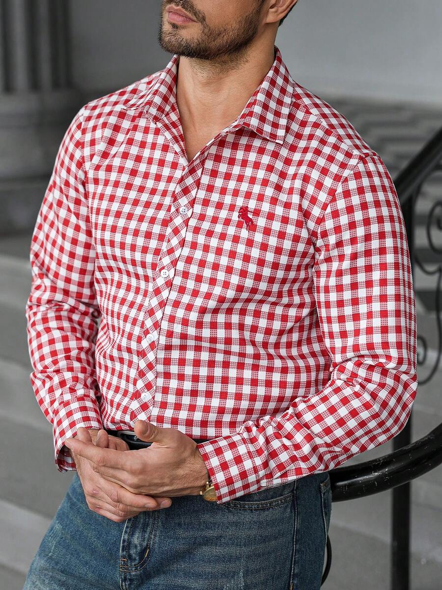 Camisa Masculina Manga Longa Confortável Ícone Pequeno Xadrez