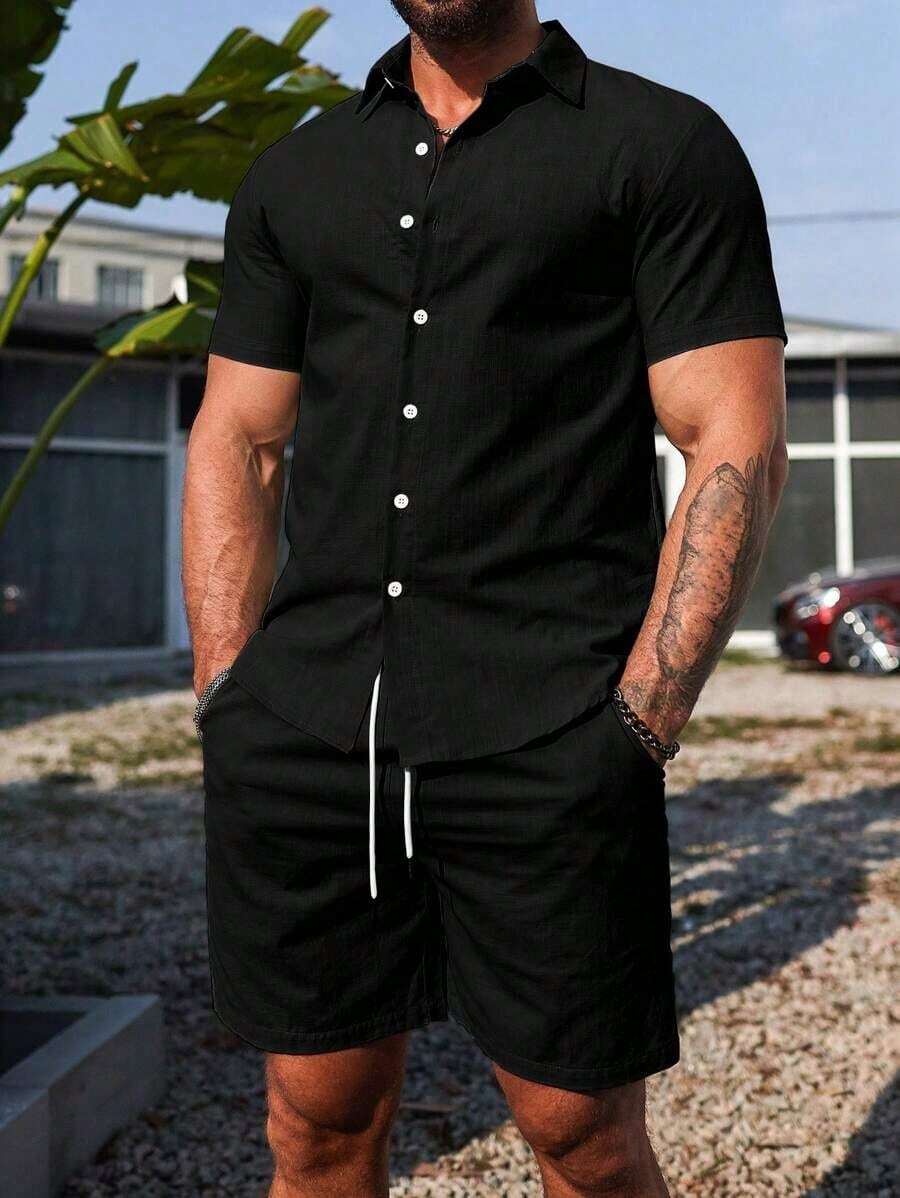 Conjunto Masculino Camisa de Manga Curta e Shorts em Linho New York