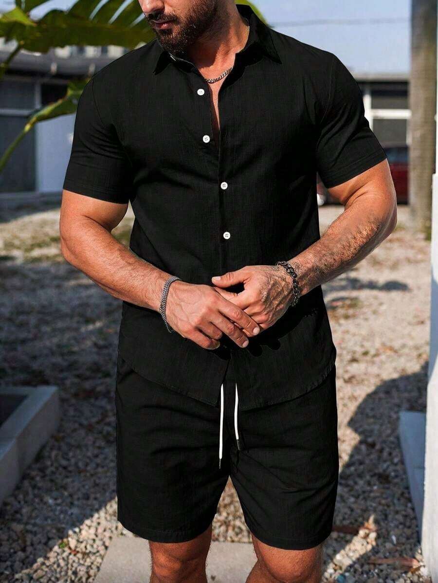 Conjunto Masculino Camisa de Manga Curta e Shorts em Linho New York