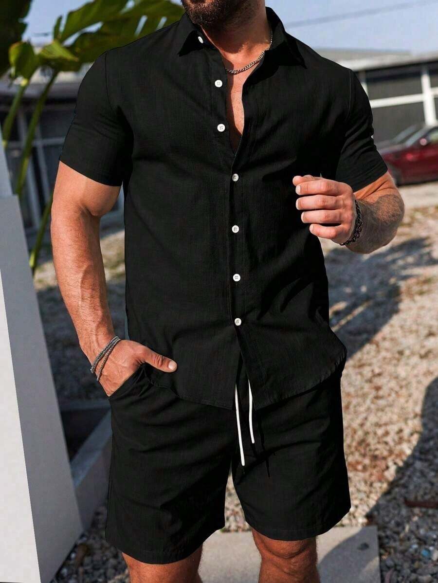 Conjunto Masculino Camisa de Manga Curta e Shorts em Linho New York