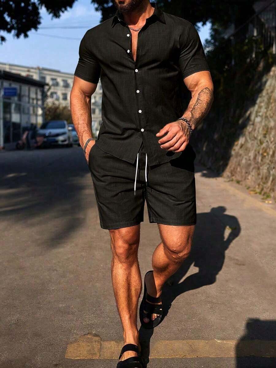 Conjunto Masculino Camisa de Manga Curta e Shorts em Linho New York