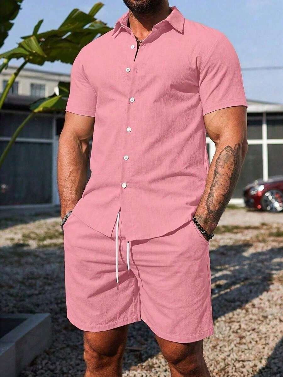 Conjunto Masculino Camisa de Manga Curta e Shorts em Linho New York