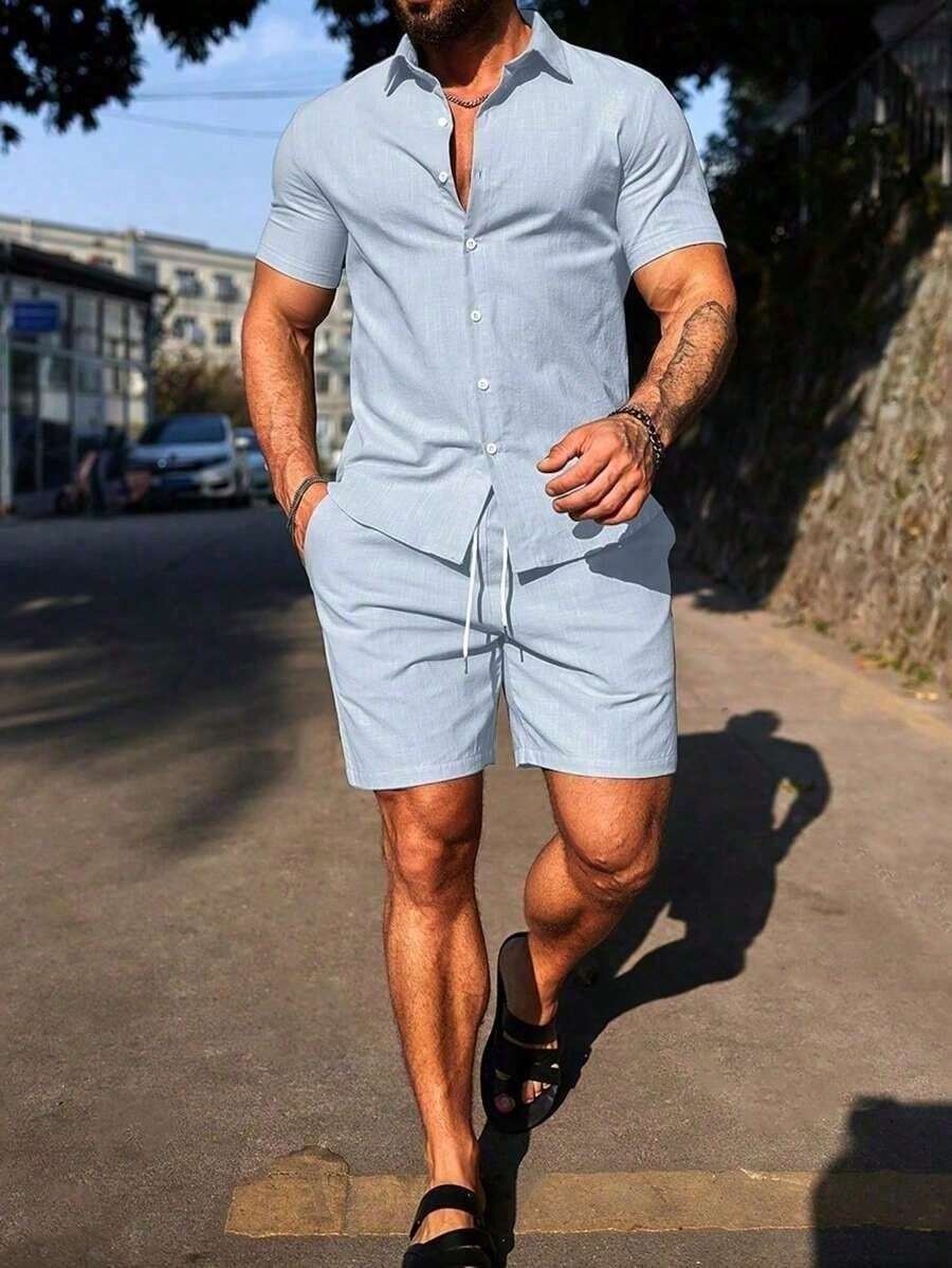 Conjunto Masculino Camisa de Manga Curta e Shorts em Linho New York