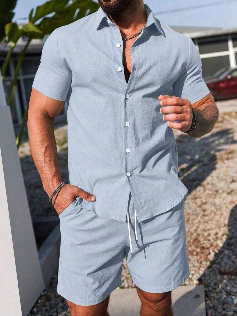 Conjunto Masculino Camisa de Manga Curta e Shorts em Linho New York