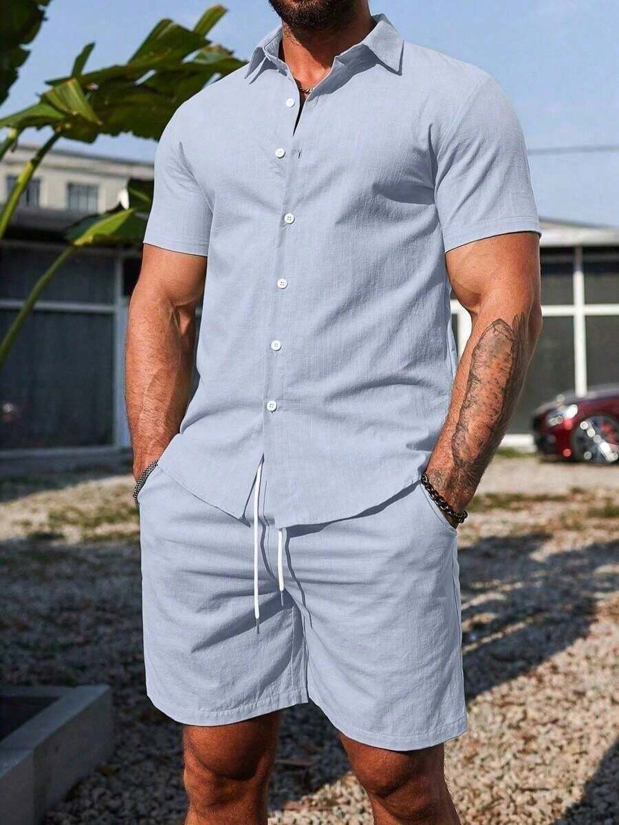Conjunto Masculino Camisa de Manga Curta e Shorts em Linho New York