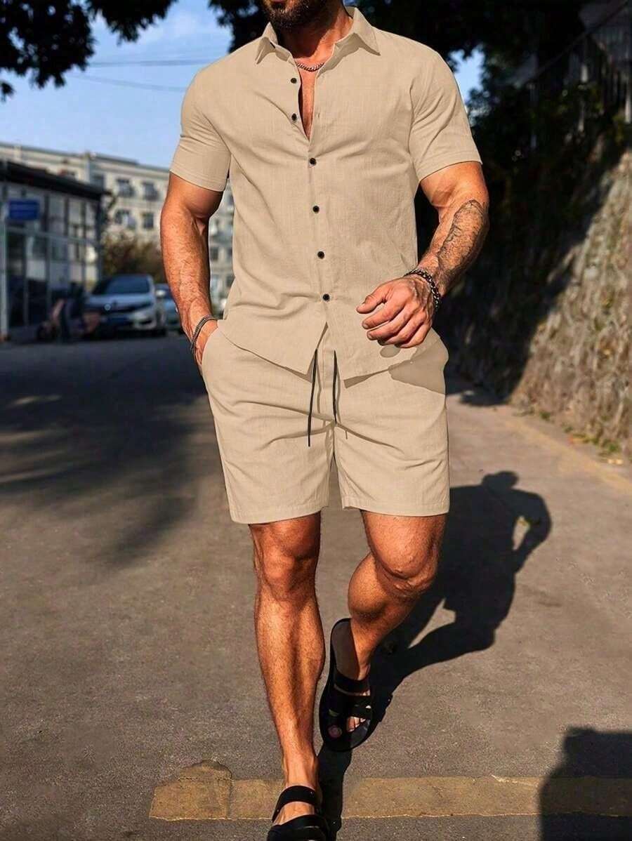 Conjunto Masculino Camisa de Manga Curta e Shorts em Linho New York