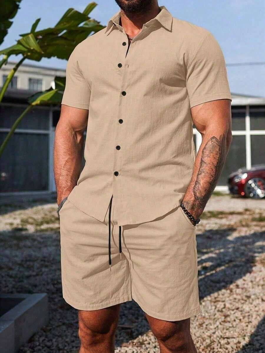 Conjunto Masculino Camisa de Manga Curta e Shorts em Linho New York