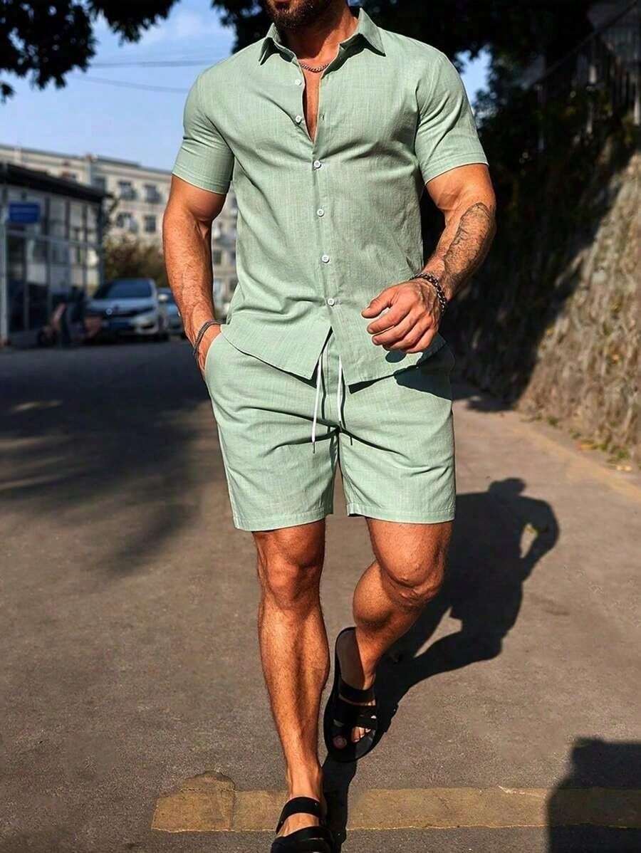 Conjunto Masculino Camisa de Manga Curta e Shorts em Linho New York