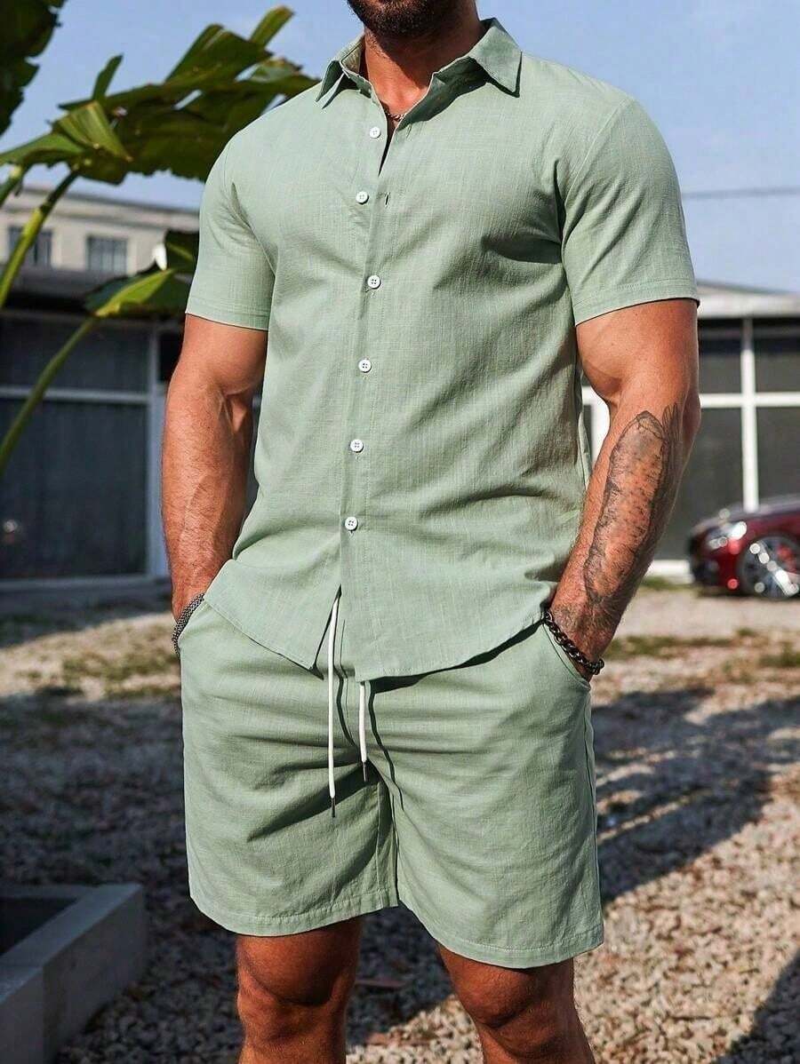 Conjunto Masculino Camisa de Manga Curta e Shorts em Linho New York