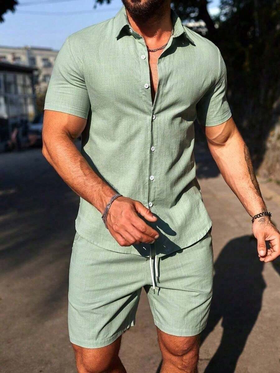 Conjunto Masculino Camisa de Manga Curta e Shorts em Linho New York