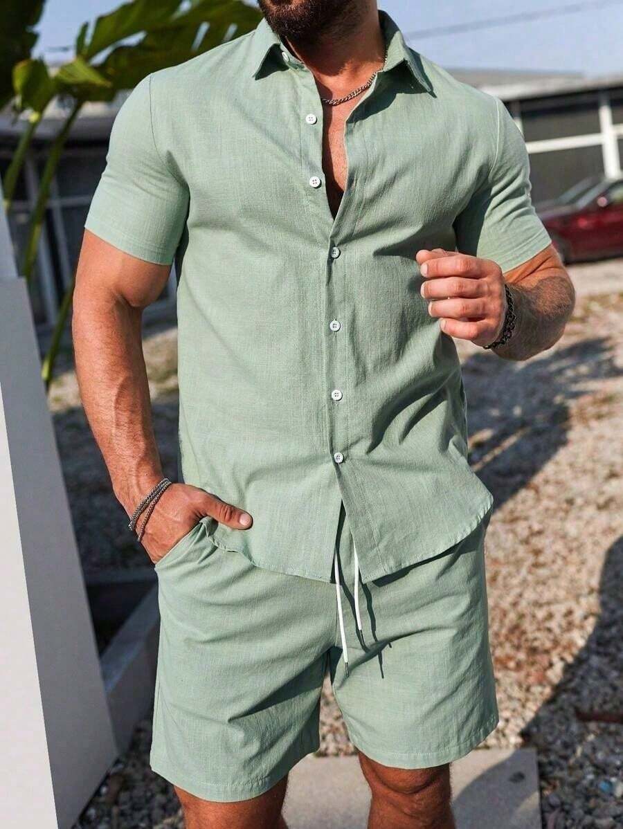 Conjunto Masculino Camisa de Manga Curta e Shorts em Linho New York