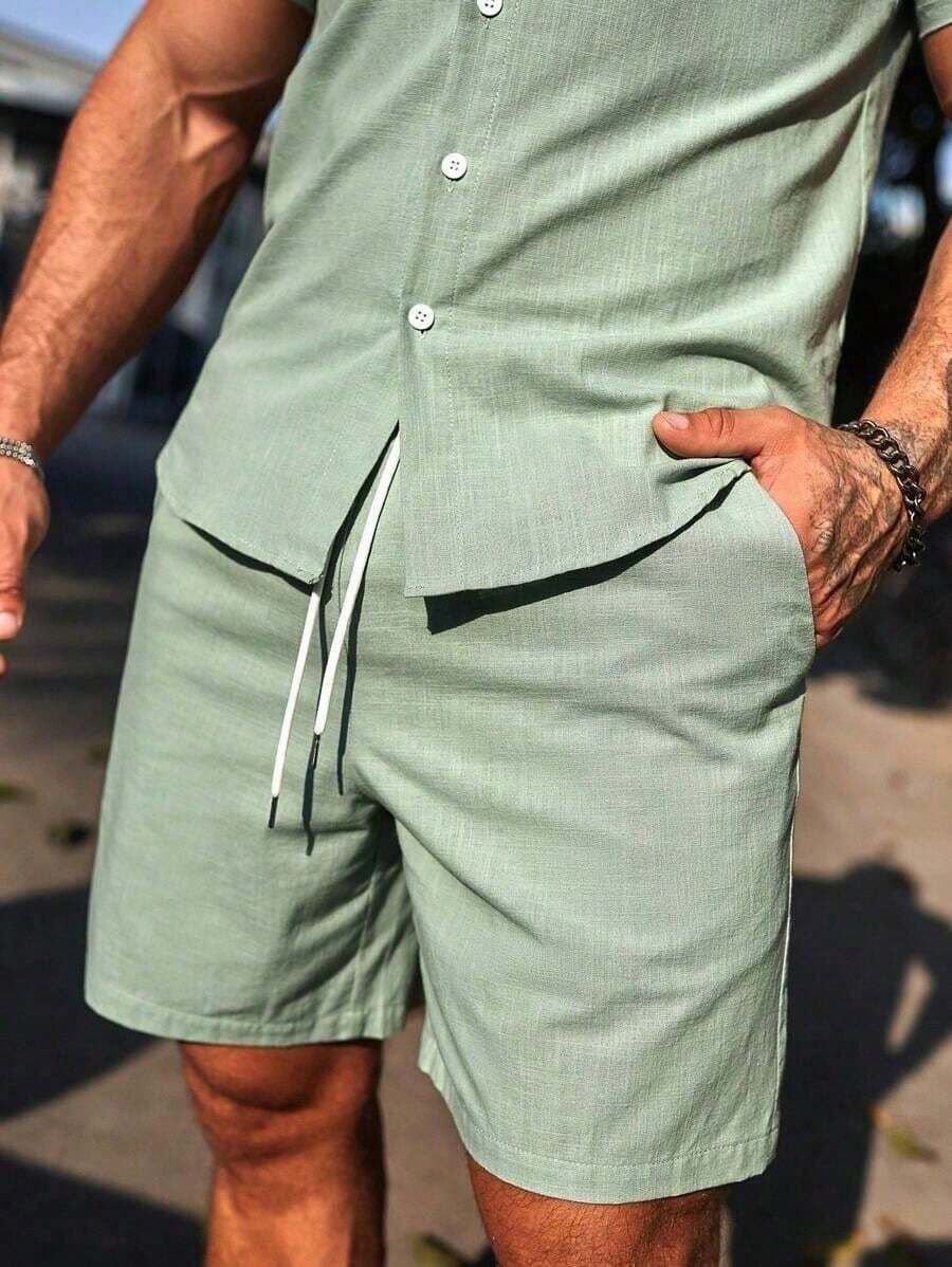 Conjunto Masculino Camisa de Manga Curta e Shorts em Linho New York